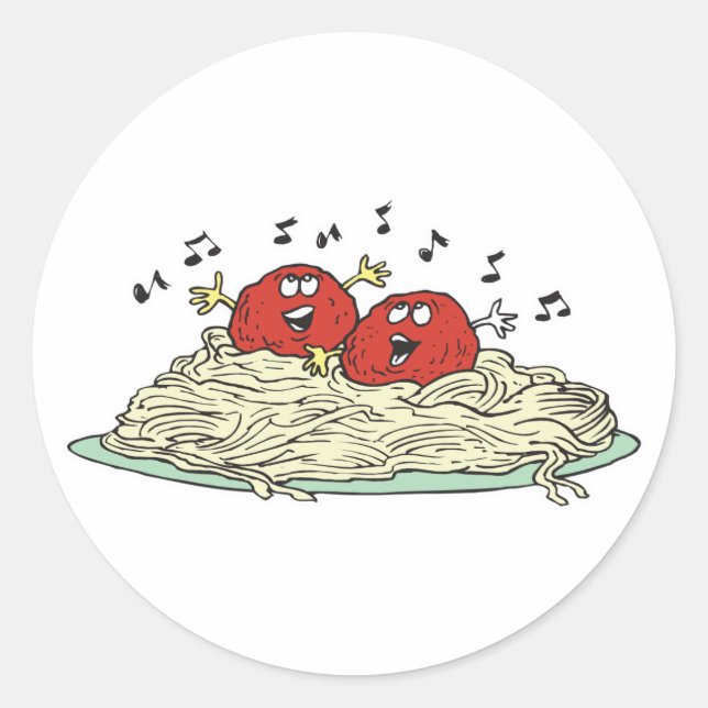 Sjung köttbollar på spaghetti runt klistermärke (Framsida)