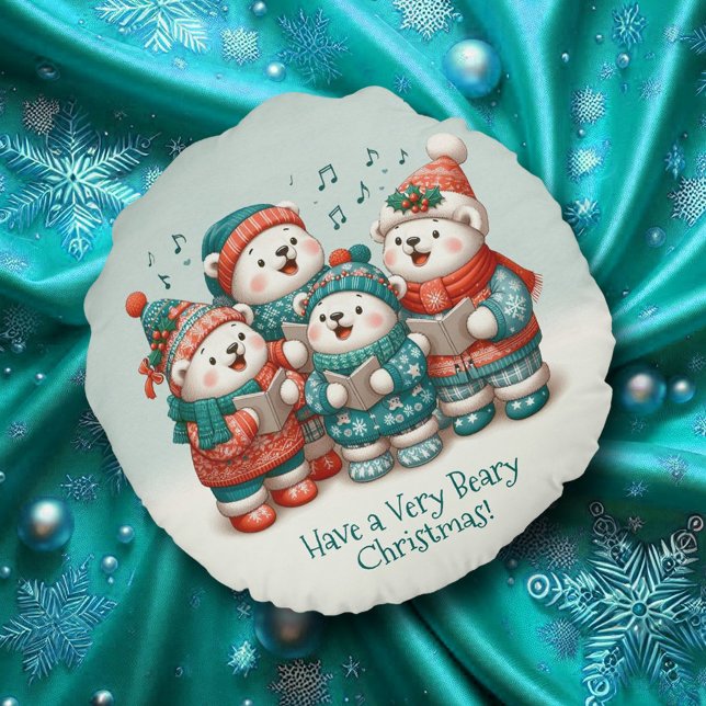 Sjungan Björnar i Polar har en mycket god jul! Rund Kudde (Cute Polar Bears Sing Have a Very Beary Christmas Round Throw Pillow Cover Photo)