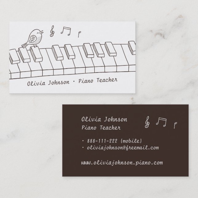 Sjungande fågel på pianodoodle Musik pianolärare Visitkort (Fram/baksida)