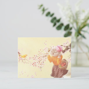 Sjungande katt med blomsterkorg meddelande vykort