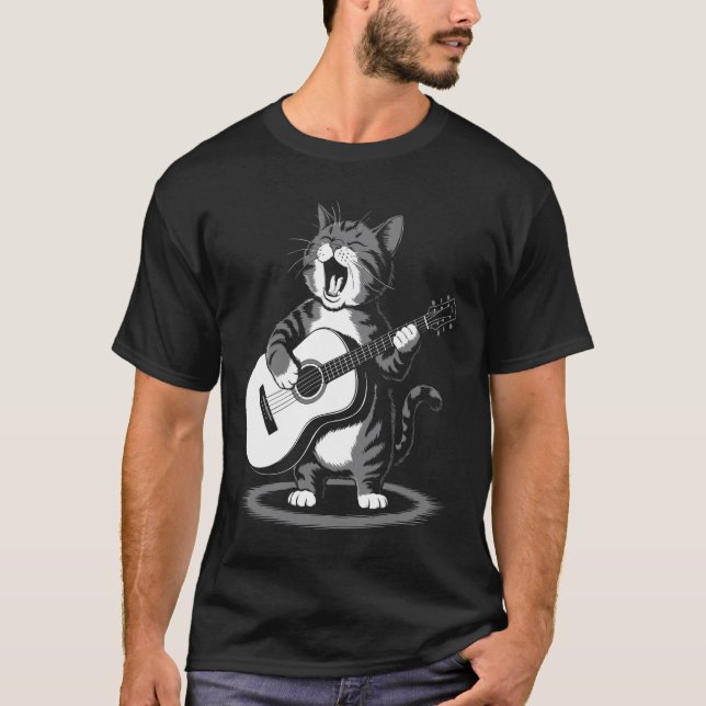 Sjungande katt spelar gitarr Rolligt djur Musiker  T Shirt (Framsida)