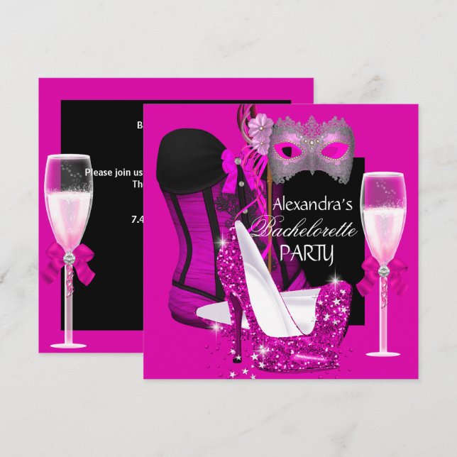 Sjungande mö corsett Rosa maskerad Champagne 3 Inbjudningar (Fram/baksida)