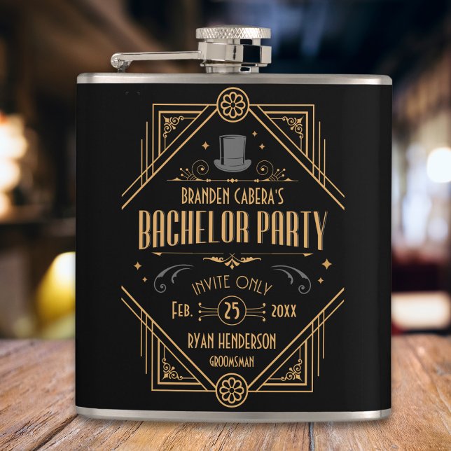 Sjungande möhippa | Svart & Guld Art Deco Speakeas Fickplunta (Art Deco 1920s speakeasy flask bachelor party favors for groomsmen and best man black and gold)