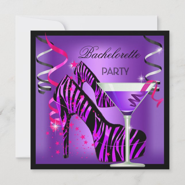 Sjungbrudskalas Lila Rosa Zebra Cocktail Inbjudningar (Framsida)