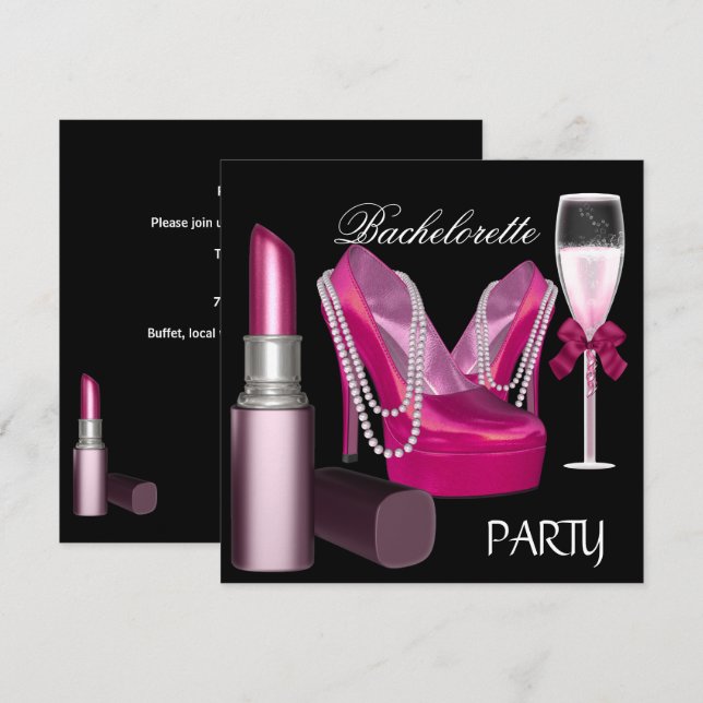 Sjungbrudspartaj Läppstift Rosa skor Champagne Inbjudningar (Fram/baksida)