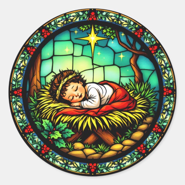 Sjunkande Baby Jesus jul Runt Klistermärke (Framsida)