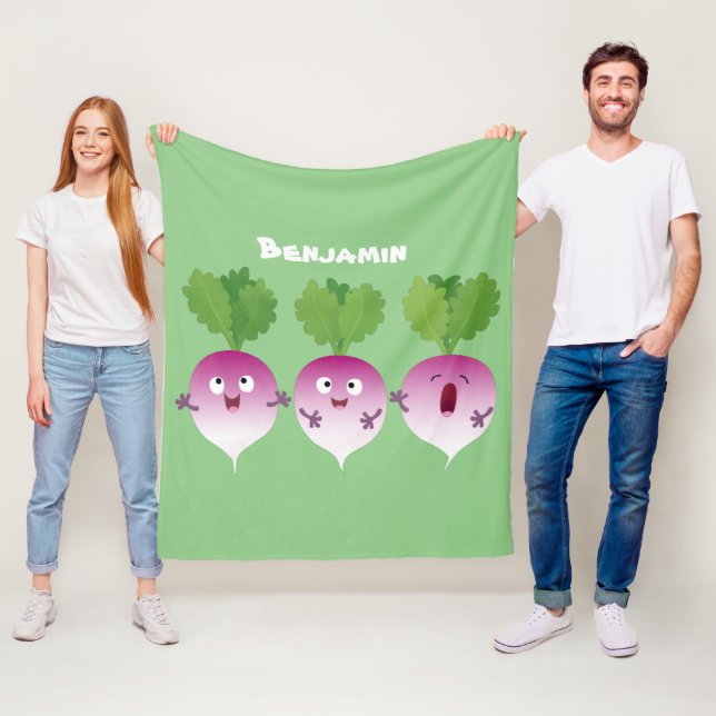 Sjunkande tecknad av grönsakstrio i Cute turnip Fleecefilt (På plats)