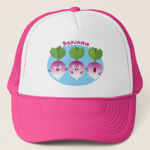 Sjunkande tecknad av grönsakstrio i Cute turnip Keps