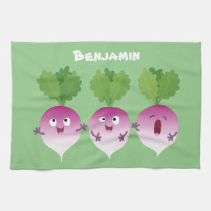 Sjunkande tecknad av grönsakstrio i Cute turnip Kökshandduk