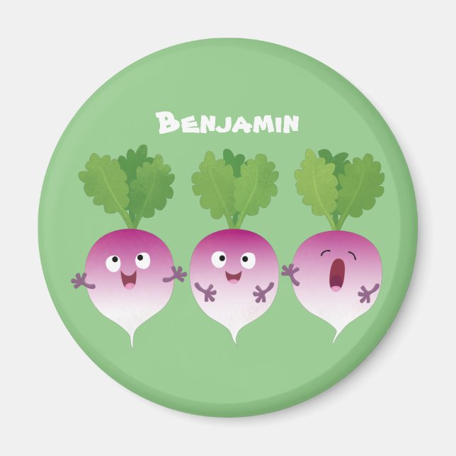 Sjunkande tecknad av grönsakstrio i Cute turnip Magnet (Framsidan)