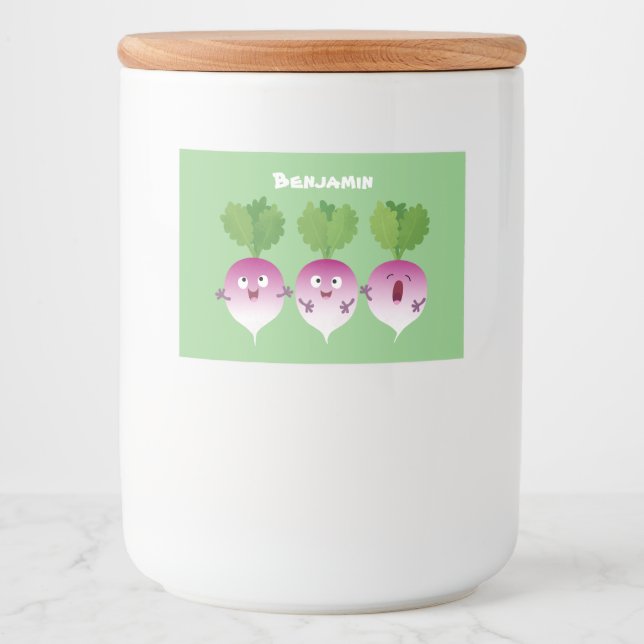 Sjunkande tecknad av grönsakstrio i Cute turnip Mat Etiketter (Framsida)