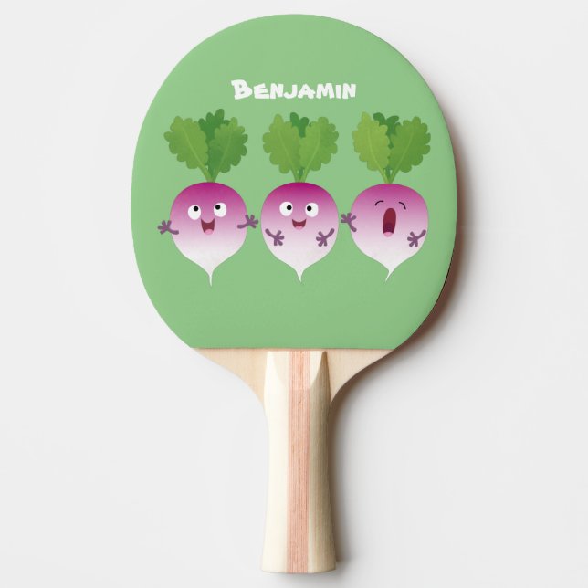 Sjunkande tecknad av grönsakstrio i Cute turnip Pingisracket (Framsidan)