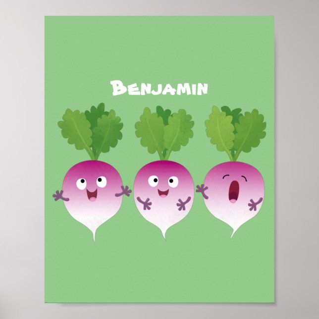 Sjunkande tecknad av grönsakstrio i Cute turnip Poster (Framsidan)