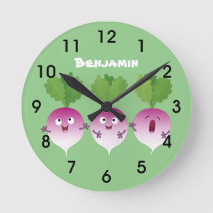 Sjunkande tecknad av grönsakstrio i Cute turnip Rund Klocka