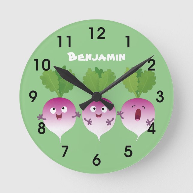 Sjunkande tecknad av grönsakstrio i Cute turnip Rund Klocka (Framsida)