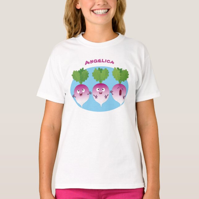 Sjunkande tecknad av grönsakstrio i Cute turnip T Shirt (Framsida)