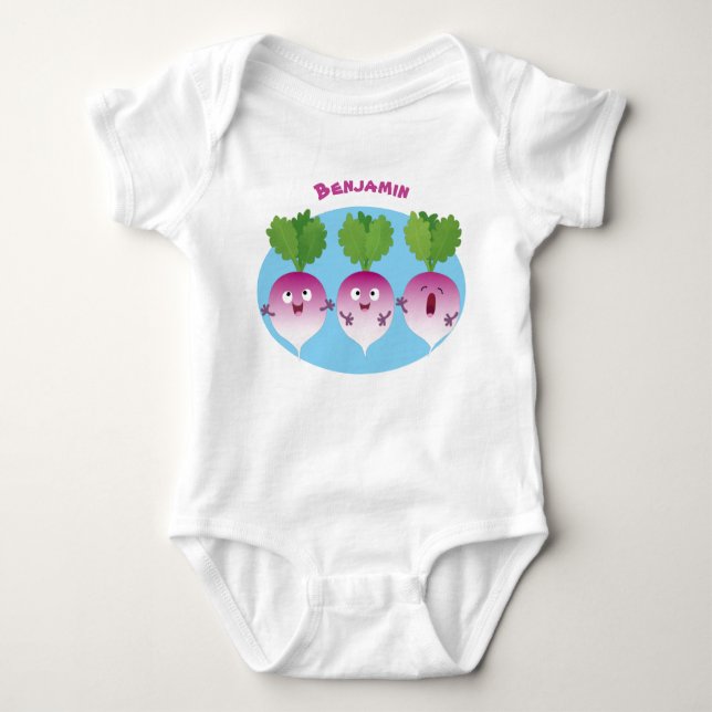 Sjunkande tecknad av grönsakstrio i Cute turnip T Shirt (Framsida)