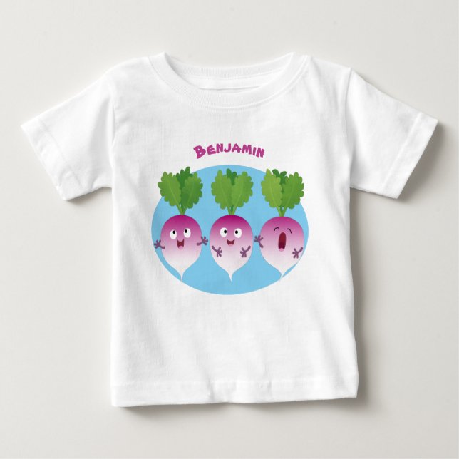 Sjunkande tecknad av grönsakstrio i Cute turnip T Shirt (Framsida)