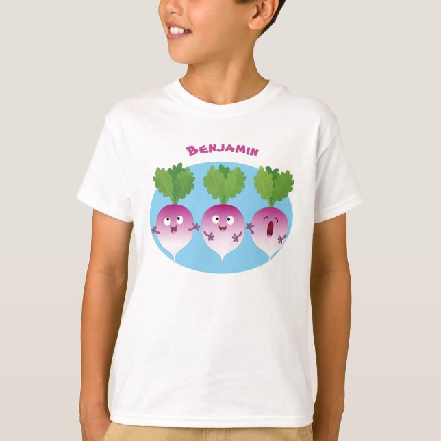 Sjunkande tecknad av grönsakstrio i Cute turnip T Shirt (Framsida)