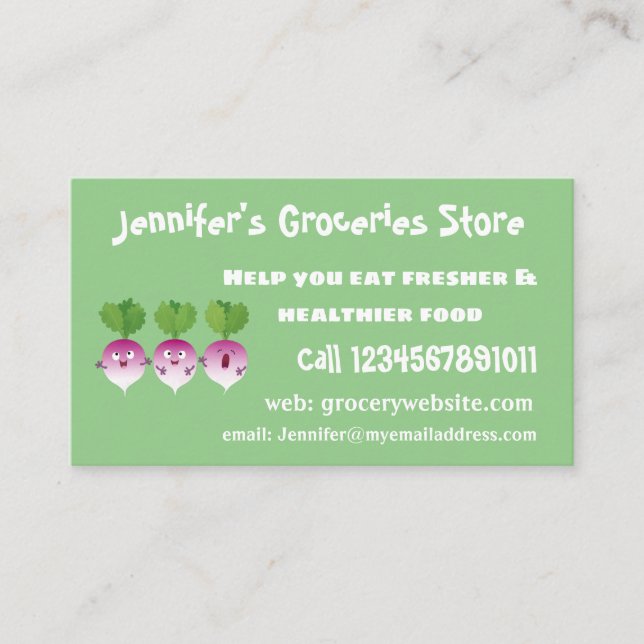 Sjunkande tecknad av grönsakstrio i Cute turnip Visitkort (Framsida)