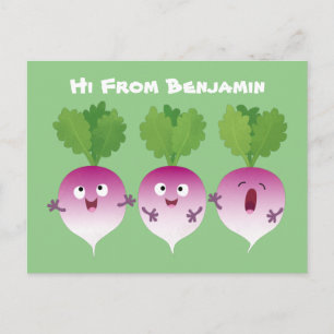 Sjunkande tecknad av grönsakstrio i Cute turnip Vykort