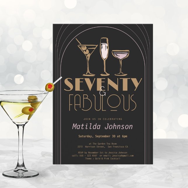 Sjuttio Fabulous Cocktail Guld Black 70:e födelsed Inbjudningar (Mockup View)