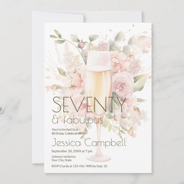 Sjuttio & Fantastiska Champagne Blommor 70-årsdag Inbjudningar (Framsida)