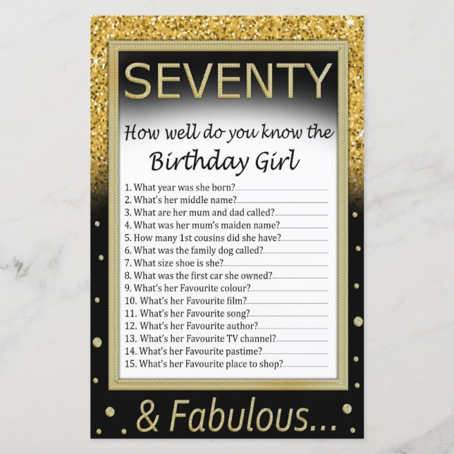 Sjuttio Hur bra känner du till födelsedagsflickan? (Framsida)