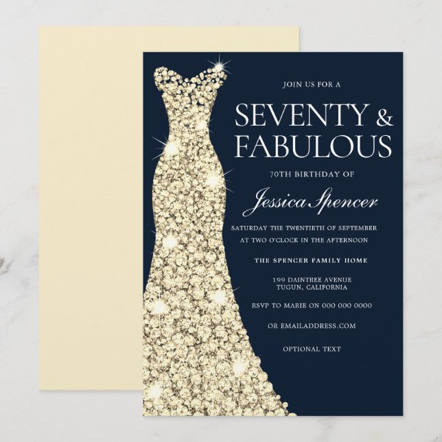 Sjuttio och Fabulous! Guld Dress Gown 70:e födelse Inbjudningar (Fram/baksida)