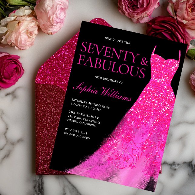 Sjuttio och Fabulous! Shock rosa Dress 70:e födels Inbjudningar (Skapare uppladdad)