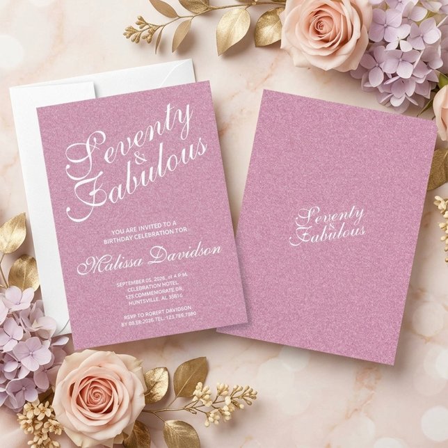 Sjuttio och fantastisk rosa glitter födelsedag inbjudningar (Pink Glitter Seventy and Fabulous Birthday Invitation)