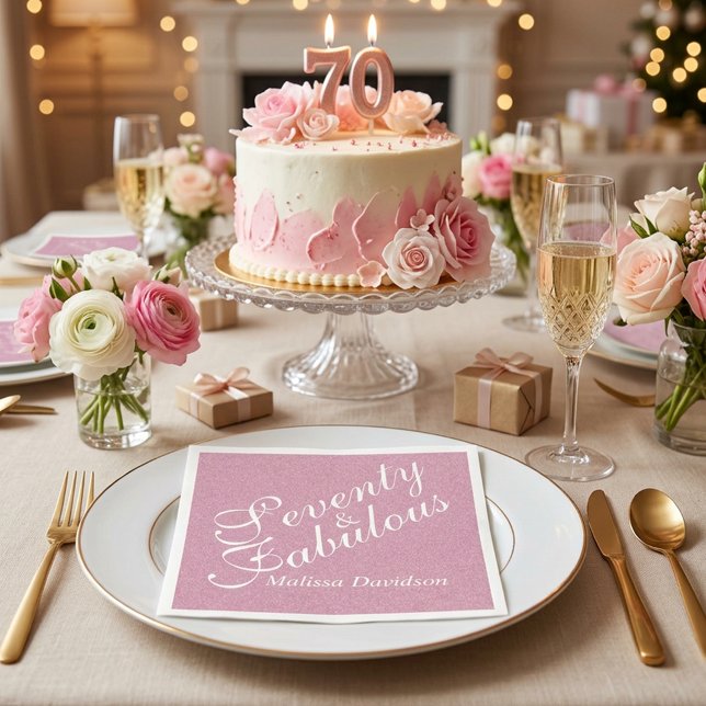 Sjuttio och fantastisk rosa glitter födelsedag pappersservett (Seventy and Fabulous Pink Glitter Birthday Napkins)