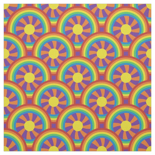 Sjuttiotalet Stil Rainbows och Sol Graphic Mönster Tyg (Provkarta)