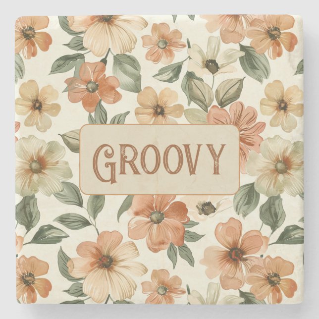 Sjuttiotals Orange Gröna Löv Groovy Stenunderlägg (Framsidan)