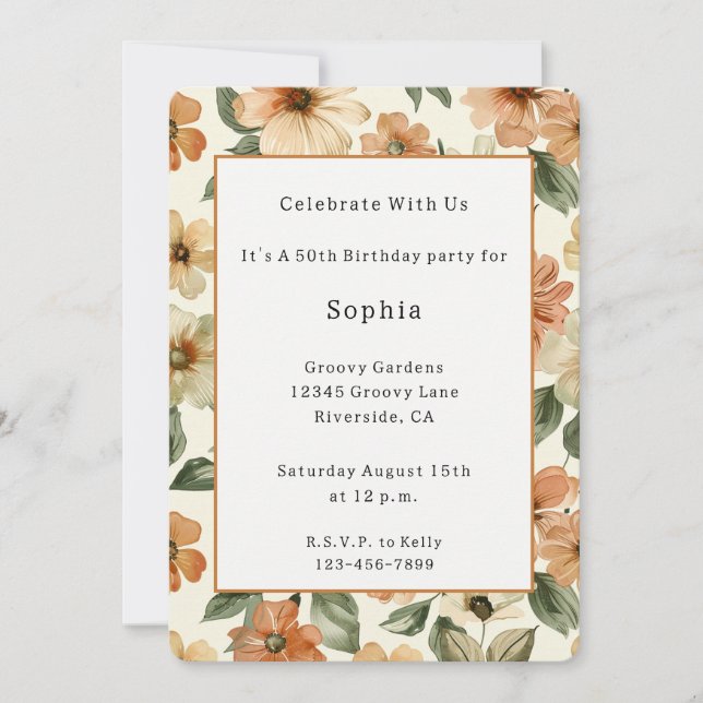 Sjuttiotalsvibbar Orange Grön Groovy Födelsedag Inbjudningar (Framsida)