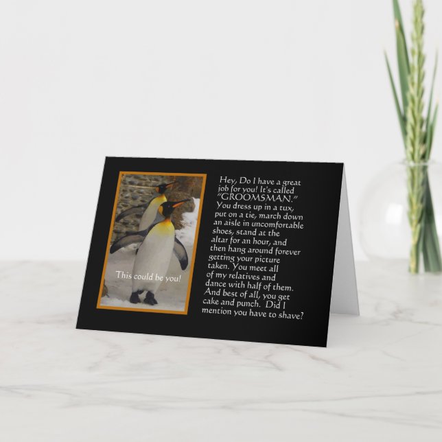Ska dig var min Groomsman? Pingvinhumorkort Inbjudan (Framsida)