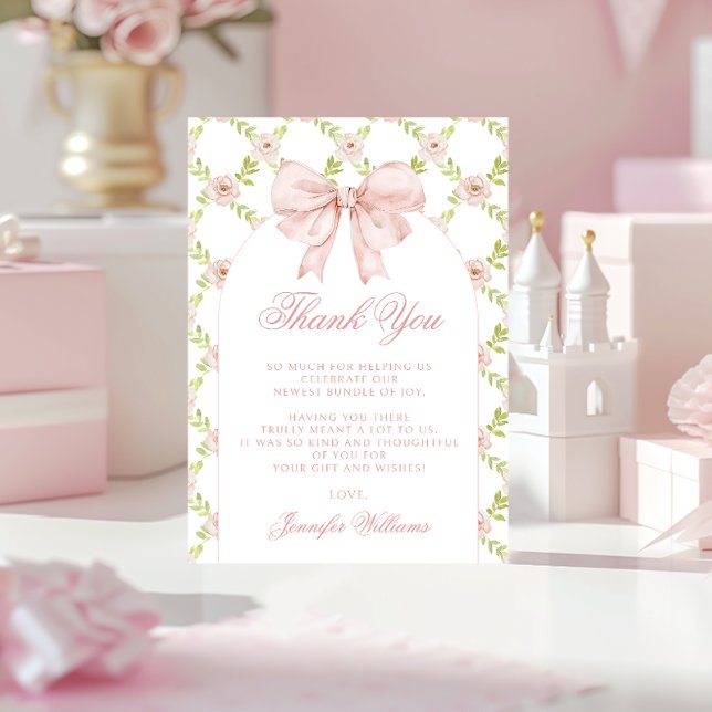Skåda för Blommigt Rosa Bow Shabby chic Flicka Tack Kort (Skapare uppladdad)