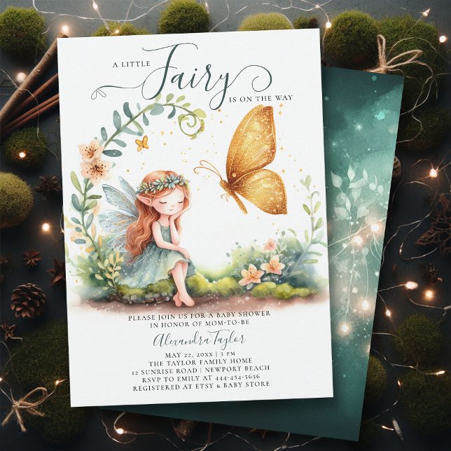 Skåda för Fairy Enchanted Emerald Guld Cute Flicka Inbjudningar (a little fairy girl baby shower invitation enchanted forest garden magical butterfly emerald gold)