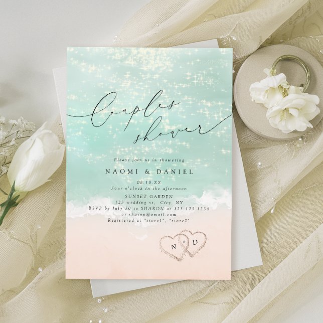 Skåda för Par i Modern Script Sand Hearts Beach Inbjudningar (Modern Script Sand Hearts Beach Couples Shower Invitation)