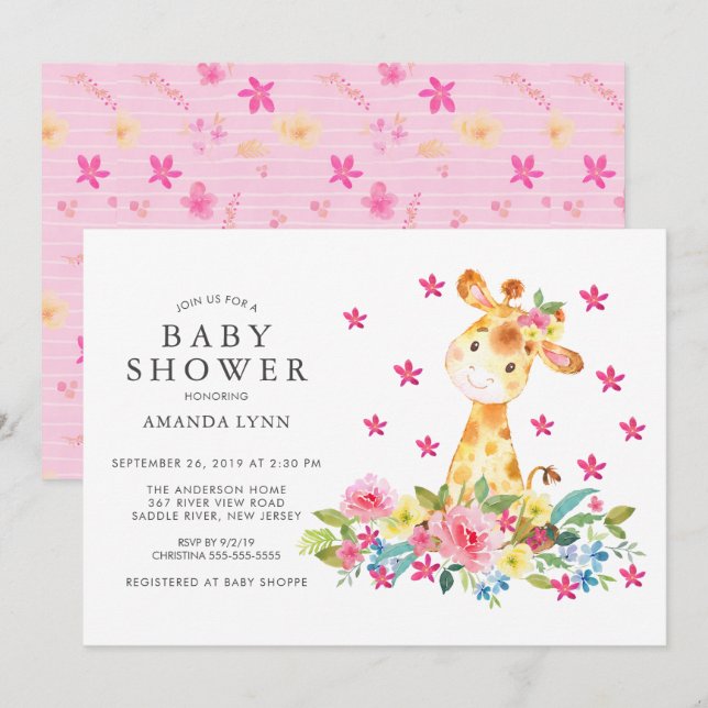 Skåda för vattenfärg, Blommigt Giraffe Flicka Inbjudningar (Fram/baksida)