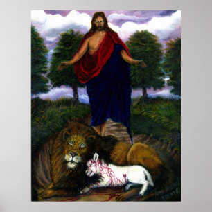 Skåda! Jag kommer snabbt! Jesus lejont och Lamb Poster