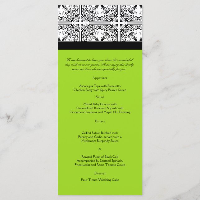 Skaddelight in Lime Green Bröllop Menu Meny (Framsida)