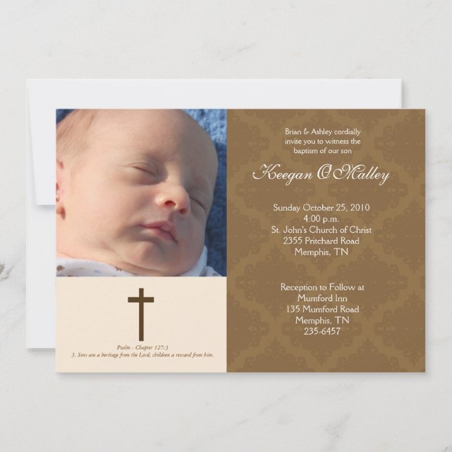 Skadfoto för baptismavdikering Tan/Cream 5x7 Inbjudningar (Framsida)