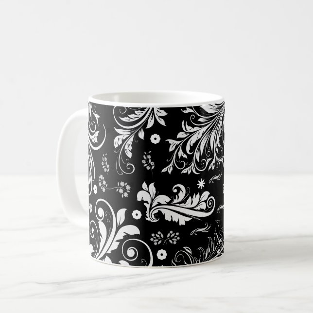 Skadmönster, Fransk Damask, svartvitt Kaffemugg (Framsida vänster)