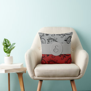 Skadmönster, Grått Damask, röd Damask, Monogram Kudde