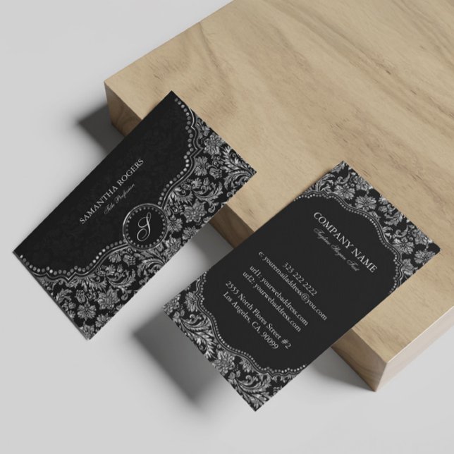 Skador för Blommigt av elegant Black & Silver Vint Visitkort (Skapare uppladdad)