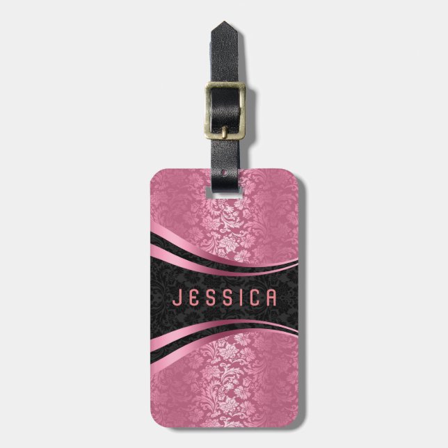 Skador för elegant Black & Rosa Blommigt Mönster Bagagebricka (Vertikal Framsida)