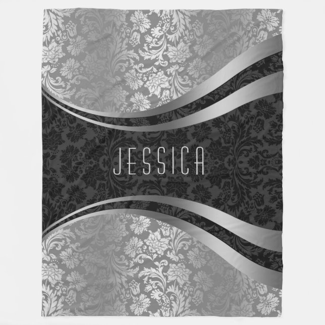 Skador för elegant Black & Silver Grått Blommigt Fleecefilt (Framsidan)