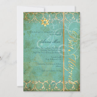Skador för körning Bat mitzvah/teal/guld Inbjudningar