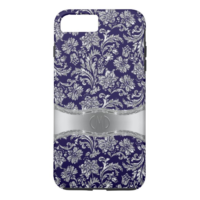 Skador för marinblå och shiny Silver Blommigt Case-Mate iPhone Skal (Baksida)